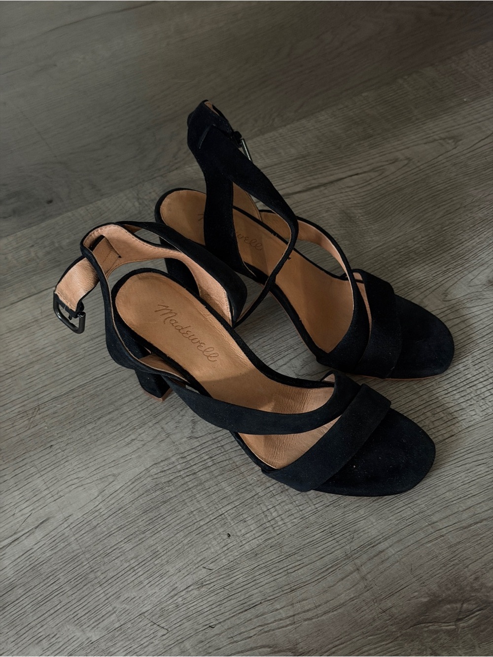 Madewell Black Strappy Suede Low Block Heel Sandals